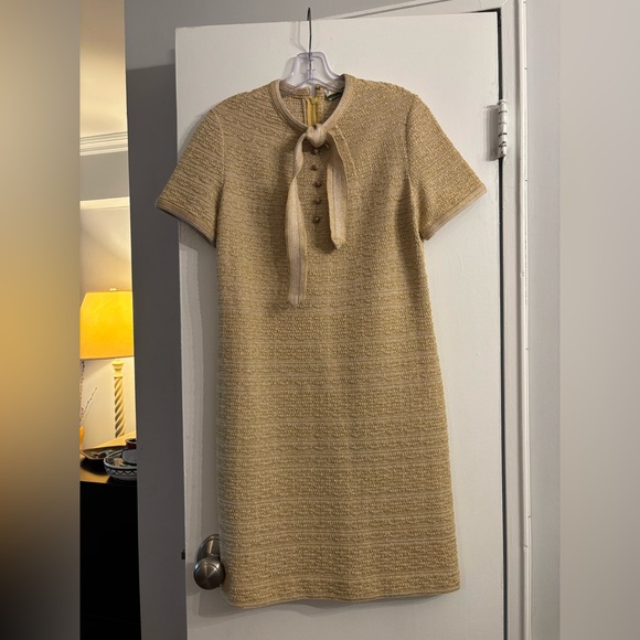 Dresses & Skirts - Vintage 60s Tannel Knit gold Elegant Tan Short Sleeve Dress